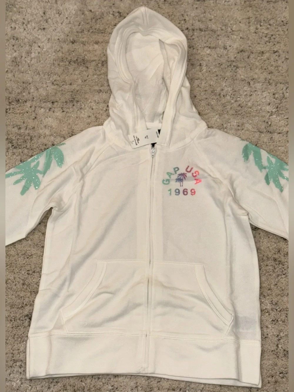 GapKids Girls XL 12 White Zip Hoodie Palm Tree Glitter Graphic USA 1969 NWT